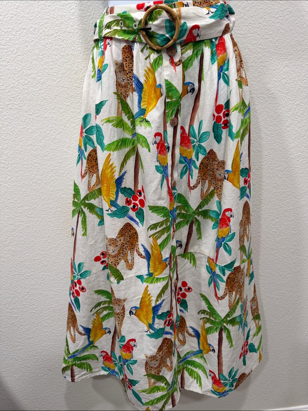 FARM Rio White Midi Skirt with Multicolor Parrot & Leopard Print SIZE XL NWT